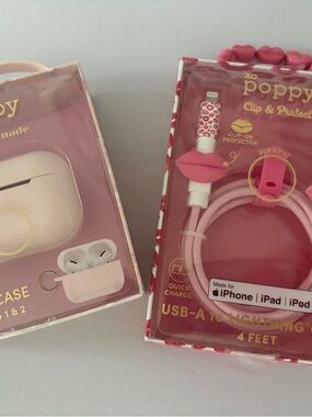 Xo Poppy Clip Lightning Charging Cable in Pink and AirPods Pro Case gen 1 & 2